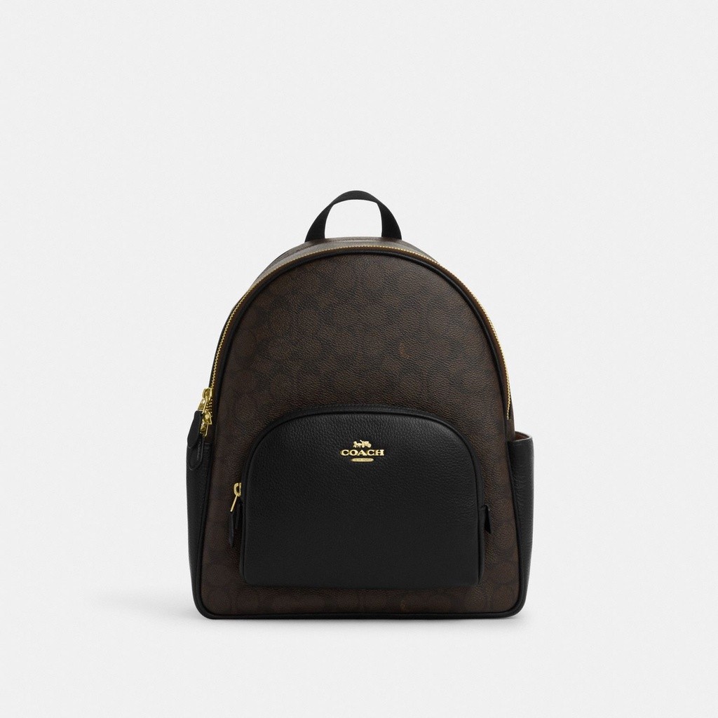coach backpack monogram Signature coated canvas and smooth leather Inside zip cell phone and multifunction pockets Laptop compartment with zip closure Zip closure recycled polyester lining Top handle with 3 drop Outside zip pocket Luggage sleeve Adjustable shoulder straps Fits a 16 laptop 11 3/4 (L) x 16 1/2 (H) x 6 (W) Style No. Coach Brown Monogram Canvas Leather