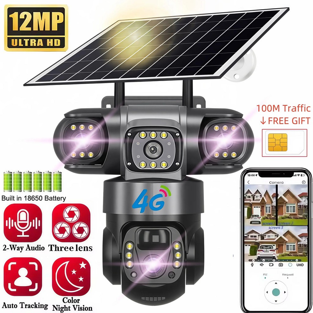 Jual Solar 4G Camera With Sim Card 12Mp 6K Three Lens Three Screen ...