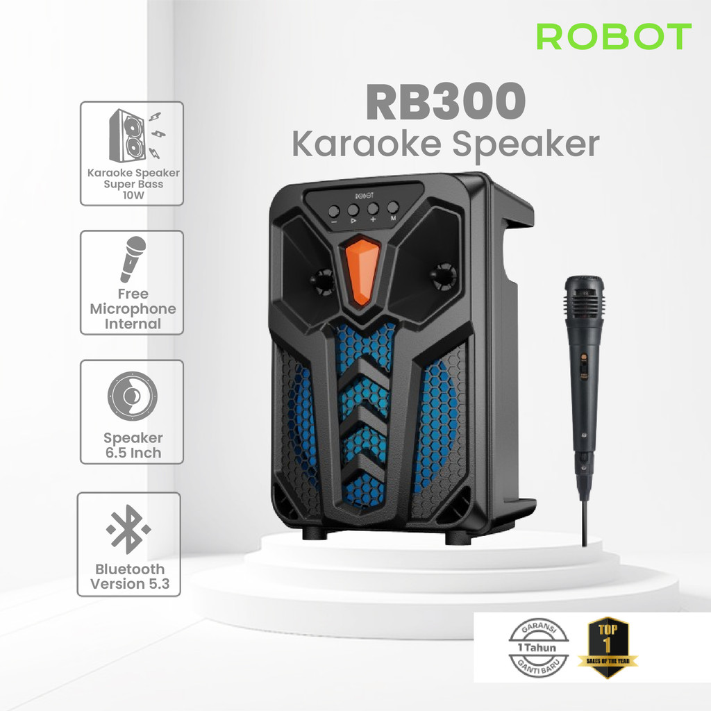Robot Karaoke Speaker RB300 Bluetooth With Micropone RGB Light Daya 10W  Bass Free Mic Inchi Super Bass Speaker Aktif Wireless Original Garansi 