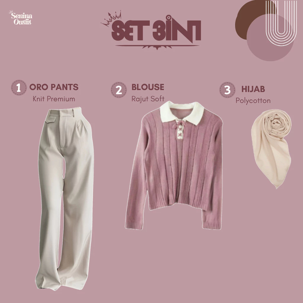 Foto 2 One Set 3 in 1 Korean Style ( Blouse Rajut - Oro Pants - Jilbab ) Setelan Wanita Kekinian - SO63 | 016