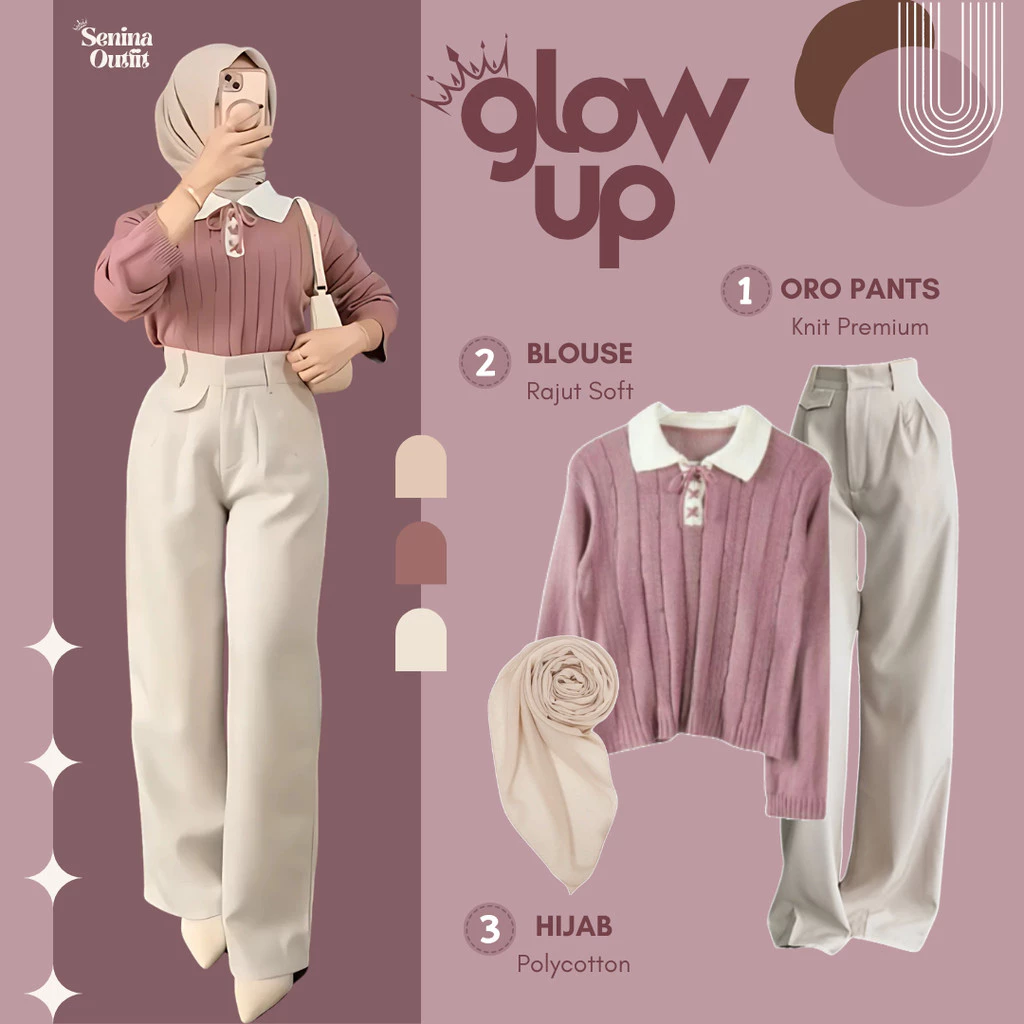 One Set 3 in 1 Korean Style ( Blouse Rajut - Oro Pants - Jilbab ) Setelan Wanita Kekinian - SO63 | 016