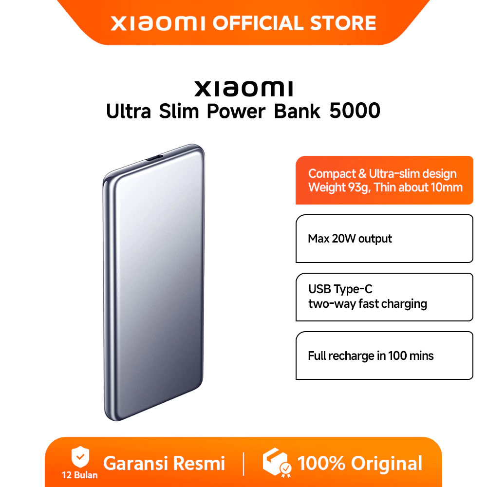 Xiaomi Ultra Slim Power Bank 20W 5000mAh | Compact & Ultra-slim Design | Max 20W Output | USB Type-C two-way Fast Charging