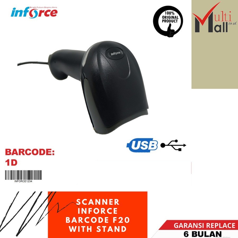 Jual SCANNER INFORCE BARCODE F20 + STAND 1D USB WIRED KABEL CABLE ...