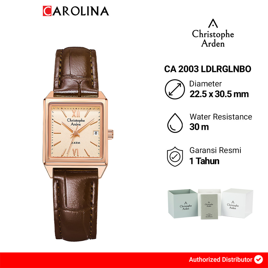 Jam Tangan Wanita CHRISTOPHE ARDEN CA 2003 LDLRGLNBO Tank Rose Gold Dial Brown Leather Strap