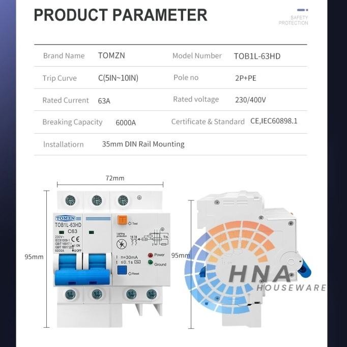 Jual Rcbo + Spd 230V 16A - 63A Tomzn Mcb Lightning Protection Residual ...