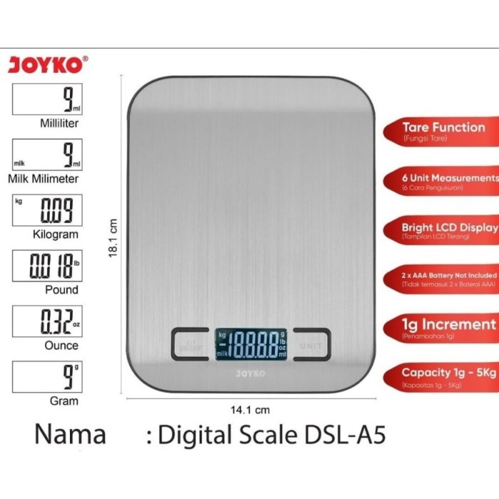 Jual JOYKO DSL-A5 Timbangan Dapur Digital 10kg / QUALITY Kitchen Scale ...