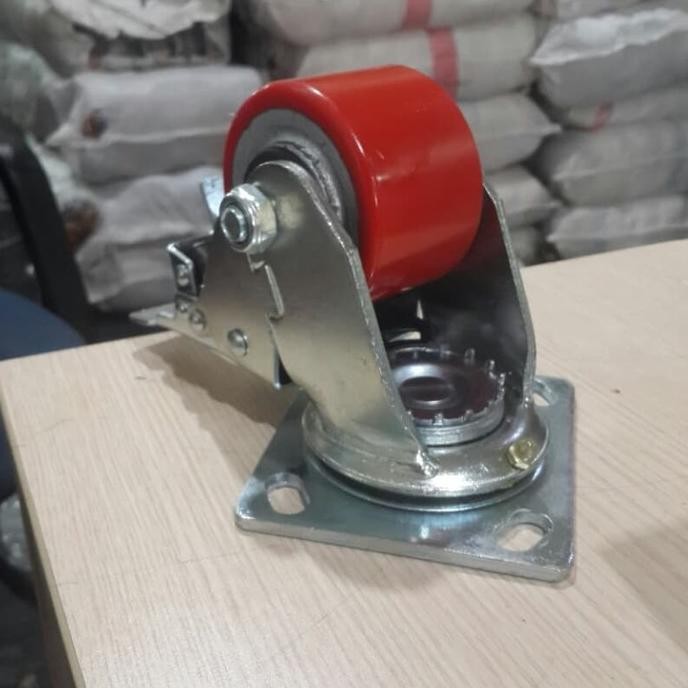 Jual Roda Pu Flat Besi Cor Heavy Duty 3 Inch Hidup Rem Poliurethane ...