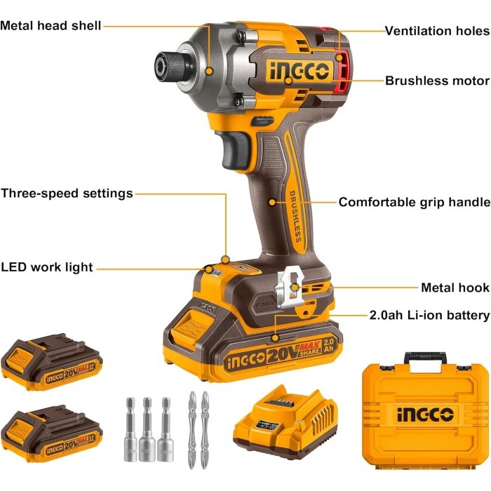 Jual Cordless Impact Driver 285 N.M Brushless 20V Ingco Cirli2028 Mesin ...
