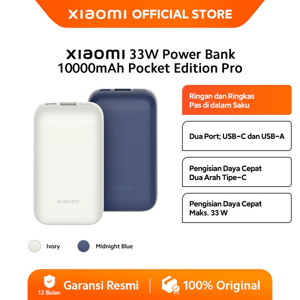 Xiaomi Power Bank 33W 10000mAh Pocket Edition Pro | Ringan dan Ringkas | Pas di Dalam Saku | Dua port USB-C dan USB-A