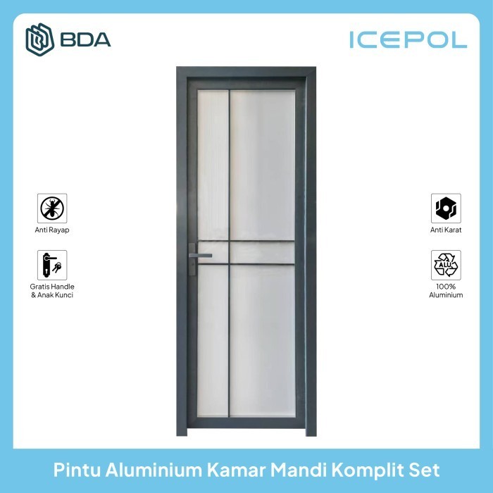 Icepol Pintu Kamar Mandi 70x200 Aluminium Kaca Set Lengkap Kusen Handle ICD 081/ 082/083/087/088/089