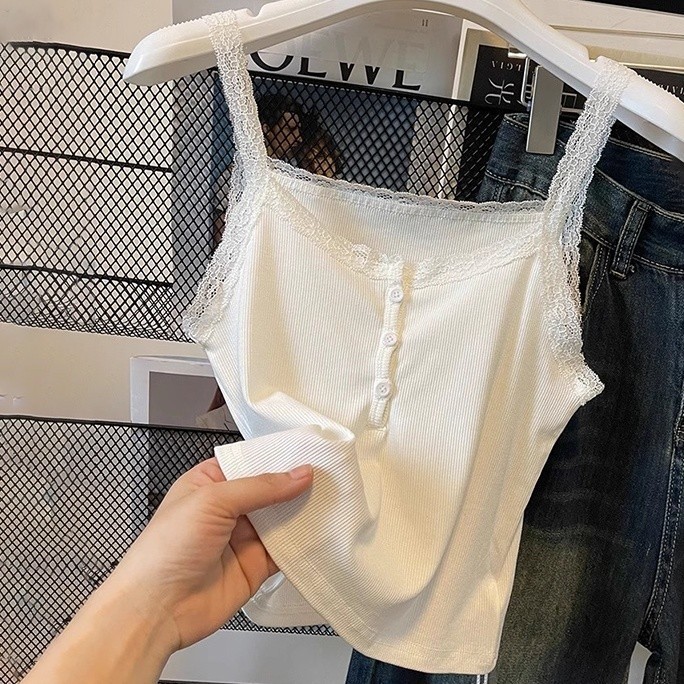 Jual Atasan rompi tanpa lengan/rompi renda/Atasan putih pendek/top crop ...
