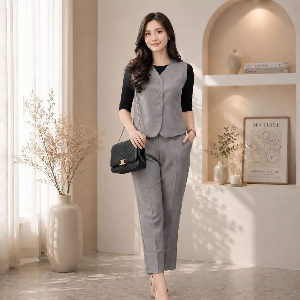 One Set Setelan Vest & Celana Wanita Stylish Kekinian Formal -Setelan Kerja Wanita Slimfit Elegan Bahan woll Premium Outfit Formal