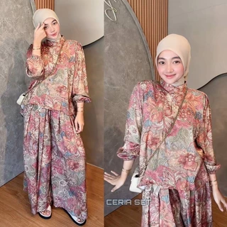 Dara One Set Blouse Tangan Karet dan  Kulot Rayon Wanita Nyaman Cantik Kekinian Busui Friendly