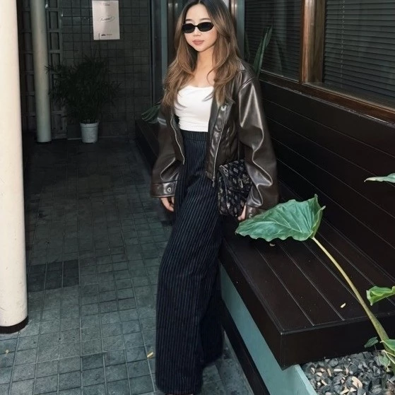 Celana Highwaist Pinstripe Trousers Hitam / Celana Kulot Panjang Garis Salur Wanita Premium / nyaman dipakai, model haighwaist 2