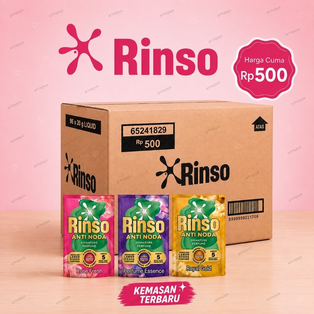 1 DUS RINSO CAIR ANTI NODA KEMASAN 500 20G KEMASAN BARU ISI 96PCS