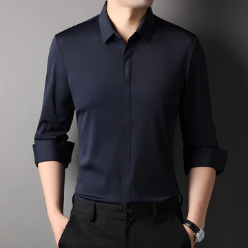 Kemeja Bisnis Premium Pria Lengan Panjang Kancing Tersembunyi Kasual Warna Solid Kemeja Non