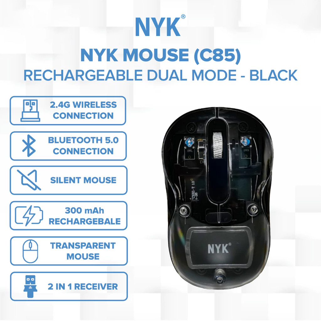 NYK Mouse  C85 Dual Mode Rechargeable Wireless Silent Optical Transparan Hitam COD (7)