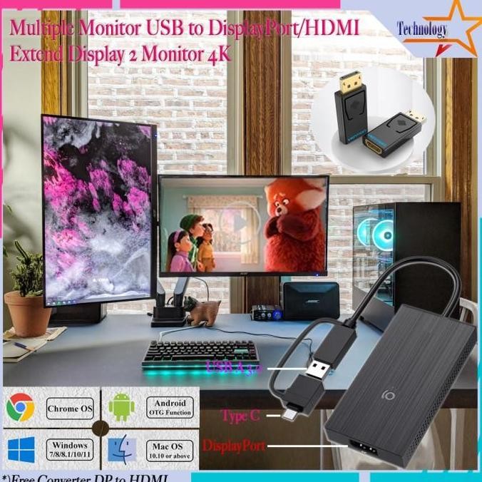 Jual TERMURAH - Multiple Monitor USB 3.0 to DP/HDMI Splitter 1x2 Extend ...