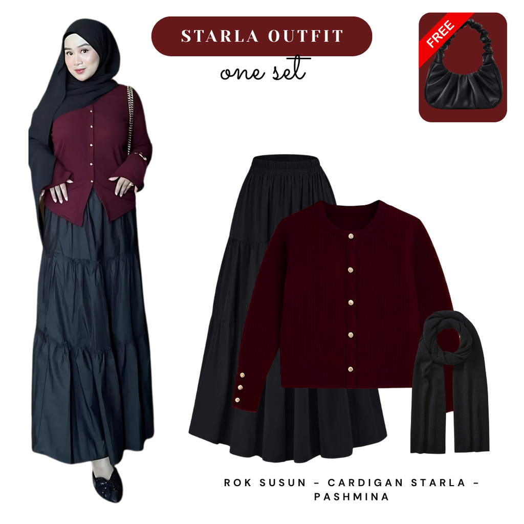 Jual Outfit Hijab OOTD Korean Style (Cardigan Starla Maroon, Rok