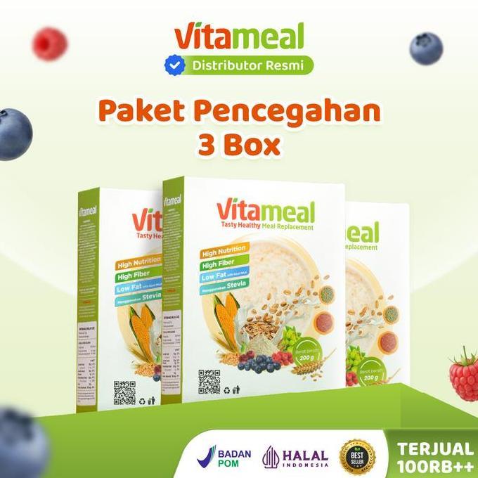 Vitameal Sereal Penurun Gula Darah Tinggi Cegah Diabetes - 3 Box Sereal Multigrain Oat Stevia Rendah Kalori Rendah Gula Rendah Glikemik Aman untuk Lambung Tanpa Efek Samping Capai Remisi Diabetes Original 200 gram BPOM RI GRATIS ONGKIR