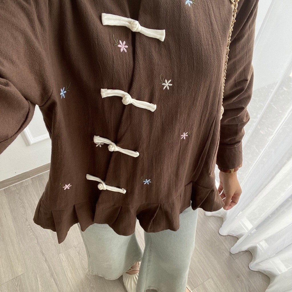 [Bygonaku] Happy Cheongsam Top Blouse Linen Bordir | Atasan Blouse Kemeja Kerja Kuliah Wanita Korean Style | Busui Friendly foto 5
