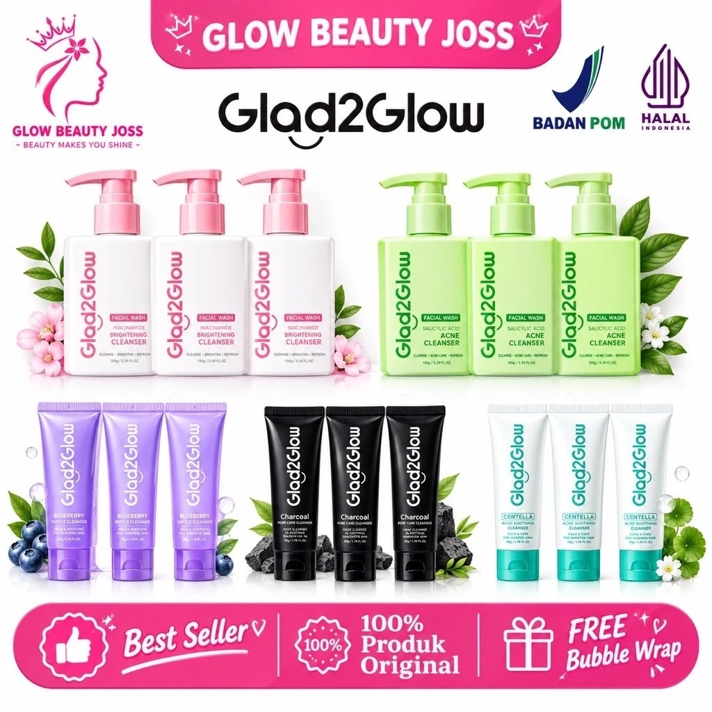[100%ORI]Glad2Glow Facial Cleanser 3pcs Blueberry Ceramide Low pH Gel Cleanser Pembersih Wajah Pembersih Muka Facial Cleanser Face/ Milk Amino Acid Gentle Cleanser 80ml Pembersih Wajah Pembersih Muka Face Wash/Acne gel cleanser centella salicylic Acid