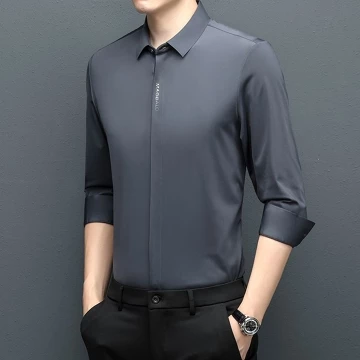 Kemeja Bisnis Premium Pria Lengan Panjang Kancing Tersembunyi Kasual Warna Solid Kemeja Non
