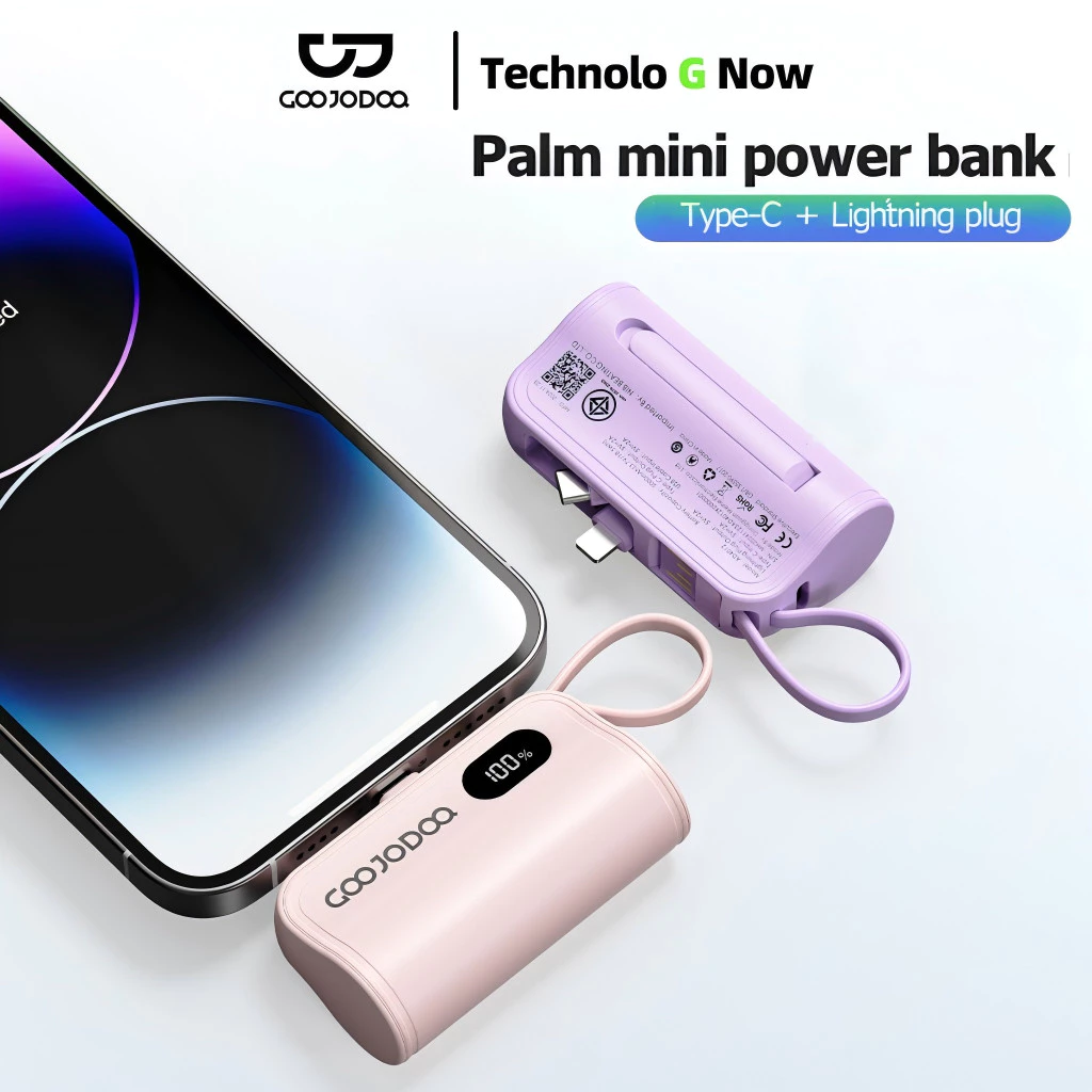 GOOJODOQ 5000mah Mini Powerbank Dengan colokan ganda Lightning + Tipe C for iphone Android Phone Built in Cable Small