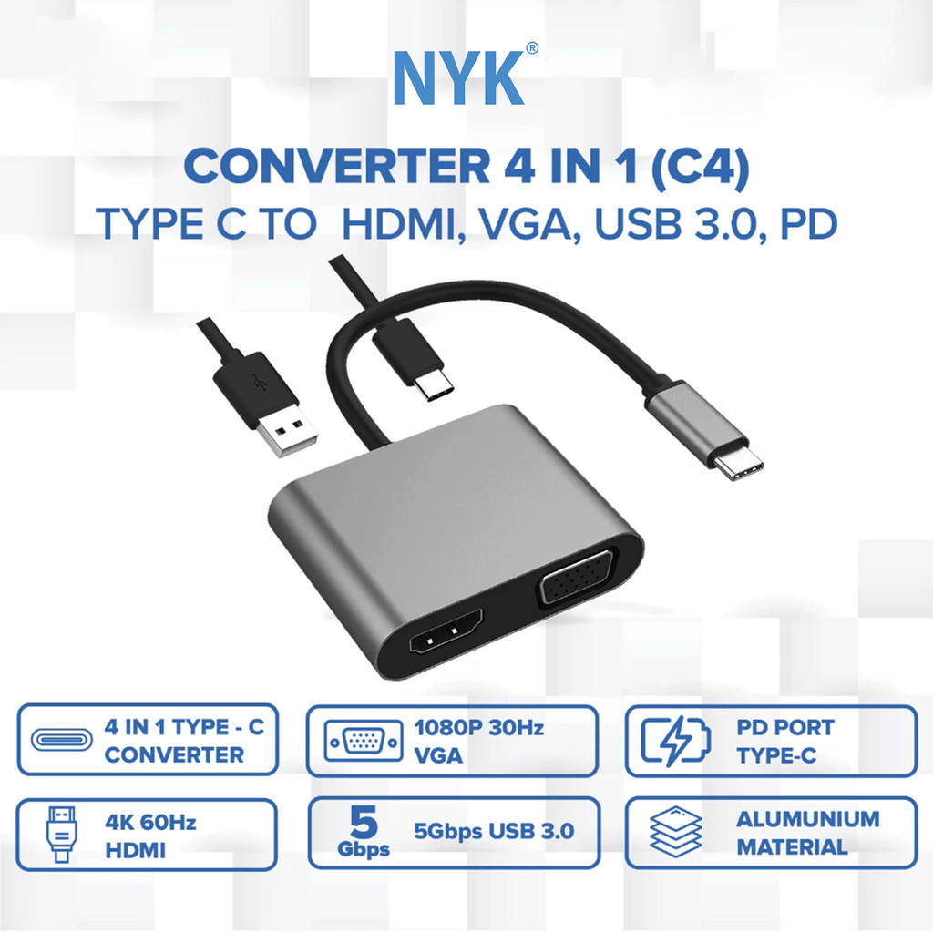 NYK Converter 4 in 1 USB Type C to 4K USB HUB 3.0 HDTV VGA Type C COD HUB bergaransi Docking Station Data transfer Mobile phone macbook android iphone (6)