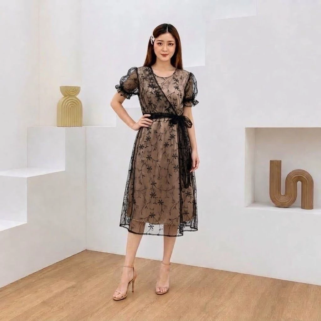 Midi Dress Natal Livina Brokat Korea 3 Ukuran