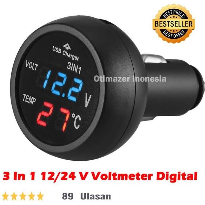 Jual Thermometer Voltmeter Usb Charger Mobil 3In1 Digital Gauge 12 24 ...