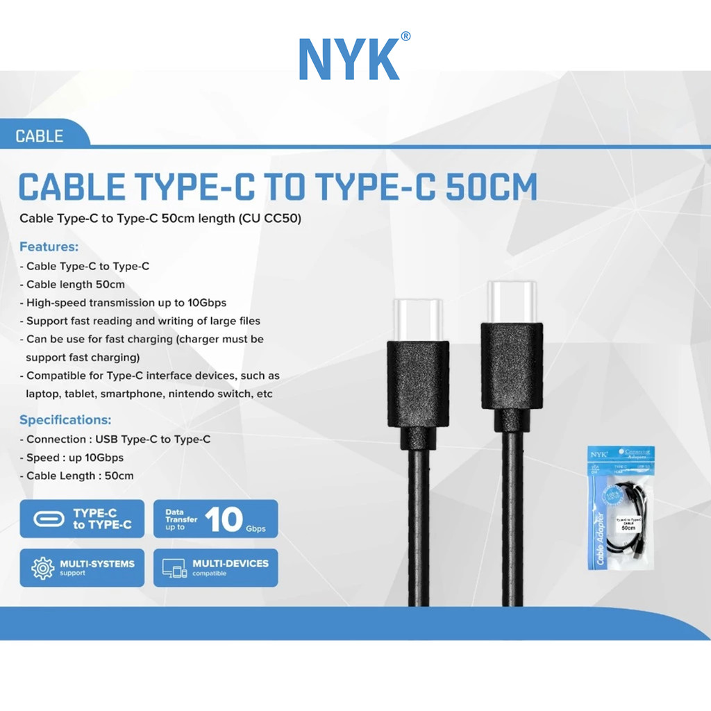NYK Kabel Type C to Type C Multi Device Support Charging 50 Cm COD (3)