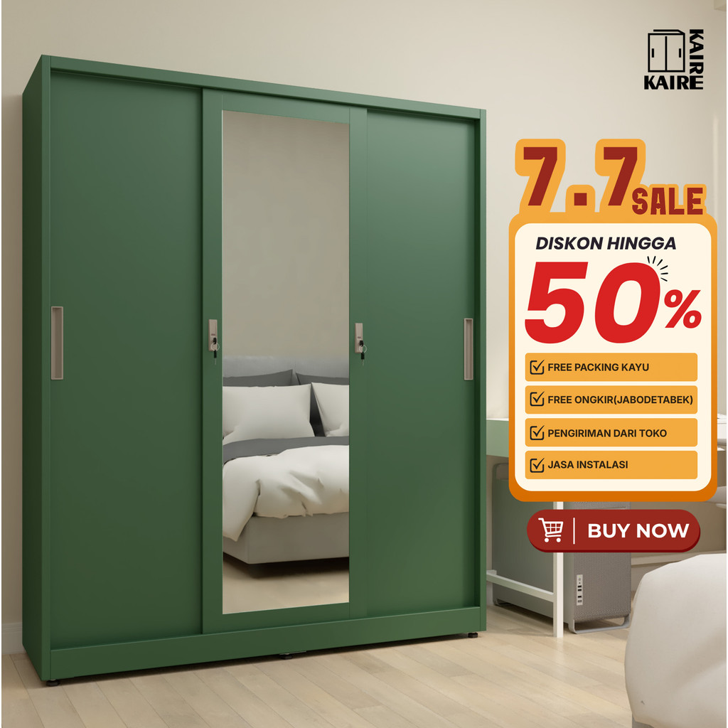 KAIRE  Lemari Pakaian Besi 3 Pintu Sliding Jumbo | 150cm 2 Batang Rak Baju