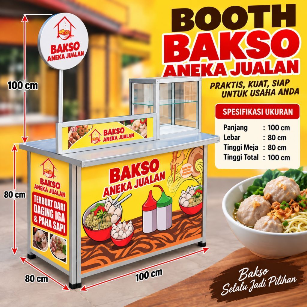 Booth Portable Jualan | Etalase Kaca | Booth Pentol/Food | Kokoh & Praktis | Gratis Packing