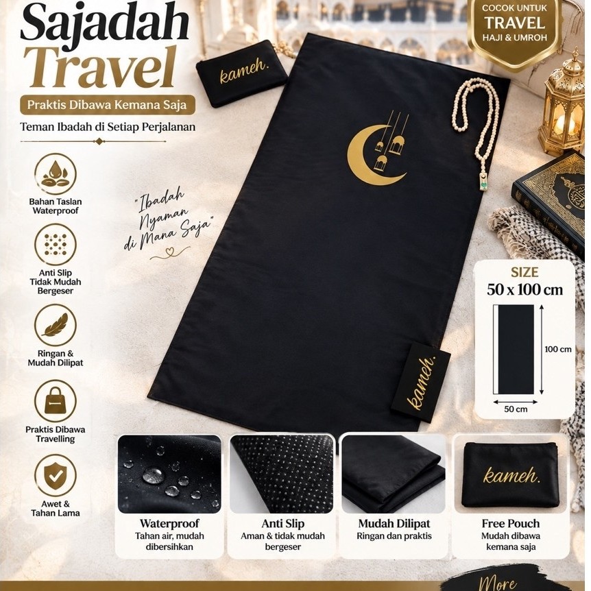 Sajadah Travel Taslan Waterproof Anti Slip 50x100cm | Sajadah Lipat Ringan Praktis Haji Umroh