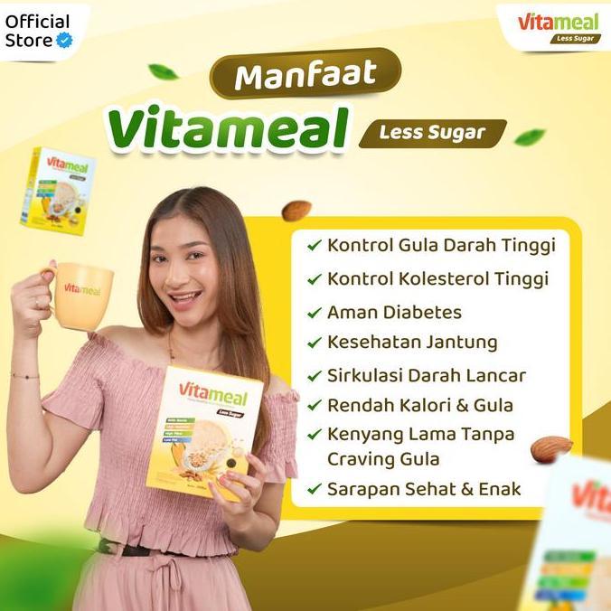 Vitameal Less Sugar Turunkan Hipertensi Darah Tinggi Kolesterol - 1 Box Sereal Oat Multigrain Rasa Almond Rendah Gula Rendah Kalori Rendah Glikemik 200 gram Aman untuk Penderita Jantung Original Tanpa Efek Samping Halal BPOM RI