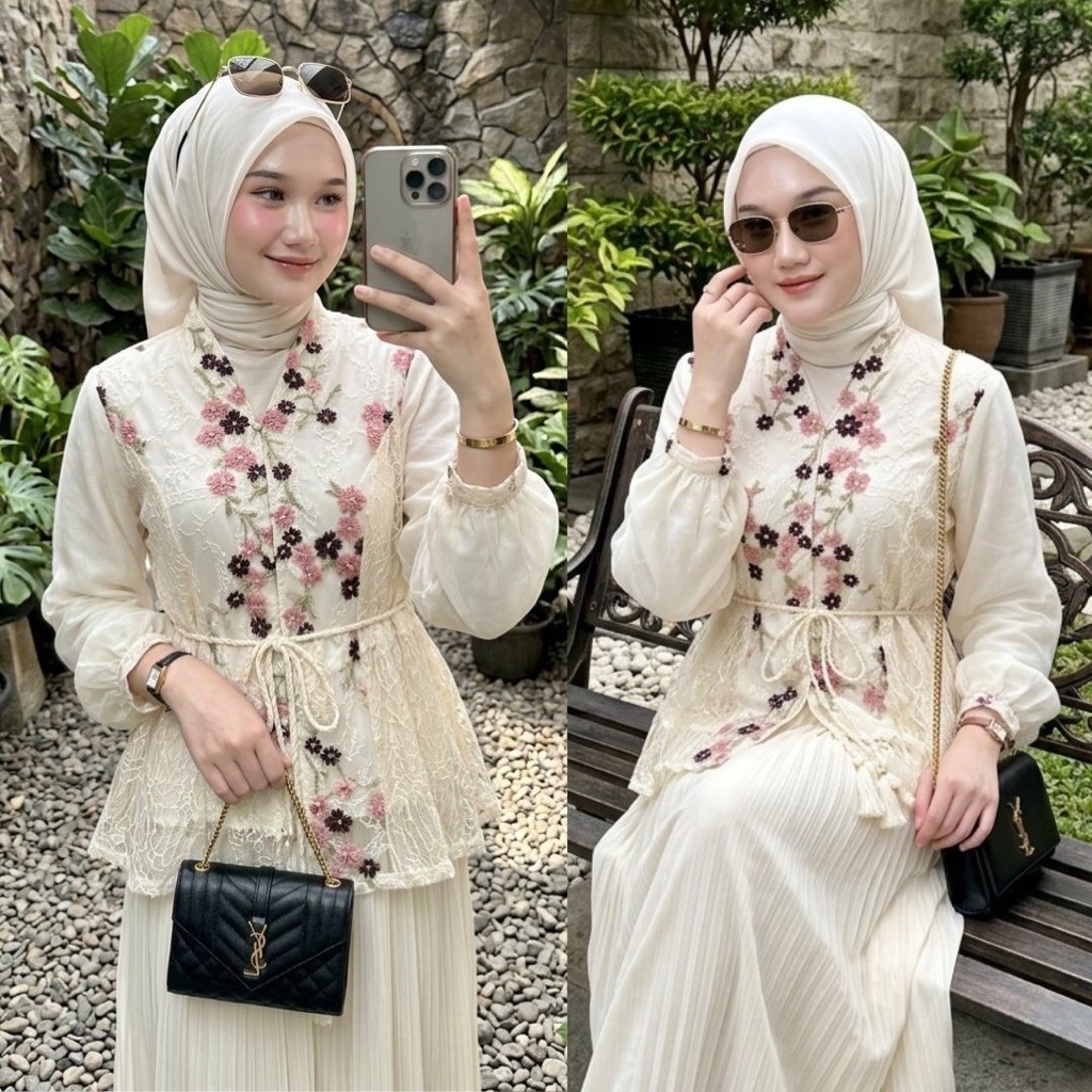 [ORI] MARA BLOUSE LD 110 EMBROIDERY TILLE HYGET BRUKAT CHANTILLY ATASAN WANITA PESTA KERJA FORMAL KEKINIAN TERBARU TREND foto 3