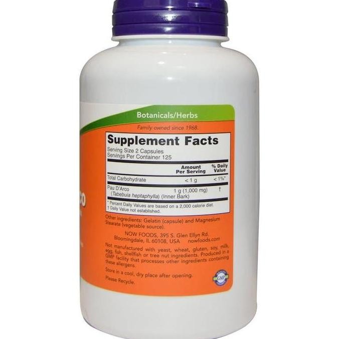 Now Foods Pau D'Arco 500 Mg - 250 Capsules - Complément Alimentaire - Neuf Scellé