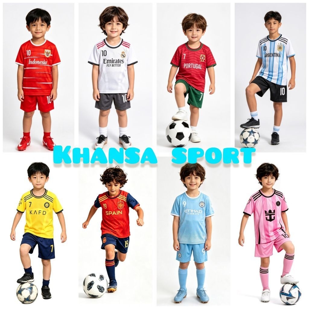 SETELAN BOLA NEGARA KAOS JERSEY MESSI RONALDO BAJU KLUB EROPA UMUR 1 SAMPAI 14 TAHUN