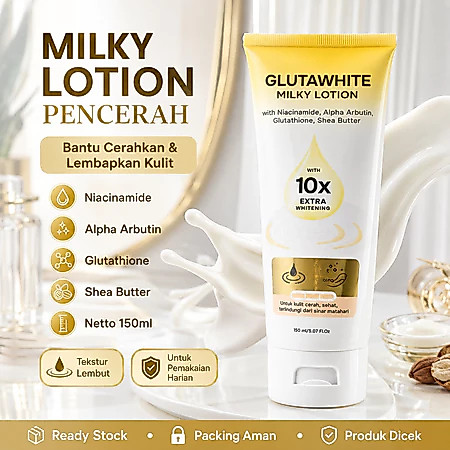 jual glutathione lotion Glutawhite Milky 150ml Body Lotion Pencerah Kulit dengan Niacinamide Alpha Arbutin Shea Butter bpc 157 and tb500