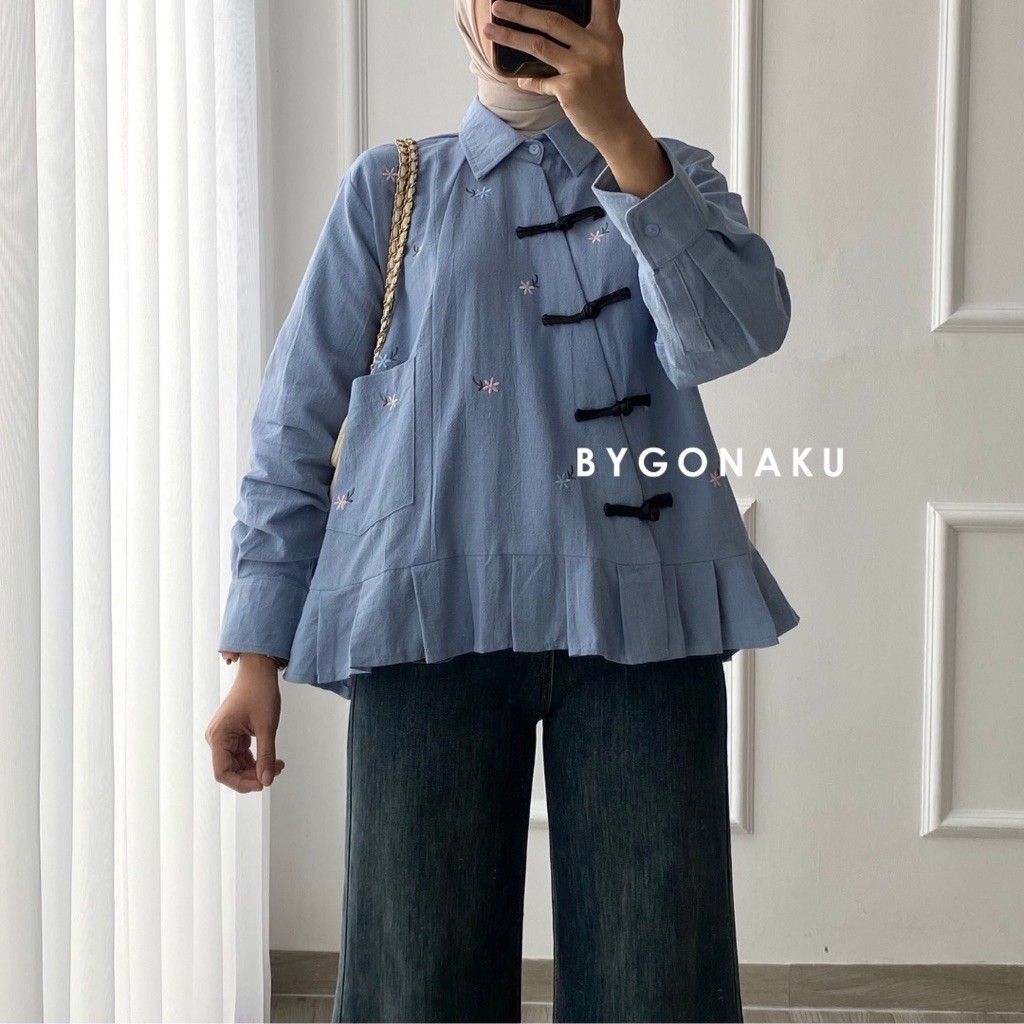 [Bygonaku] Happy Cheongsam Top Blouse Linen Bordir | Atasan Blouse Kemeja Kerja Kuliah Wanita Korean Style | Busui Friendly foto 3