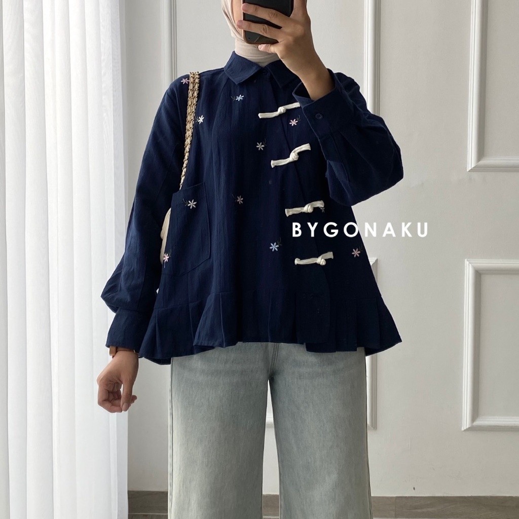 [Bygonaku] Happy Cheongsam Top Blouse Linen Bordir | Atasan Blouse Kemeja Kerja Kuliah Wanita Korean Style | Busui Friendly foto 4
