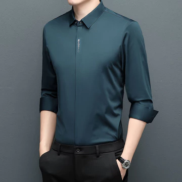 Kemeja Bisnis Premium Pria Lengan Panjang Kancing Tersembunyi Kasual Warna Solid Kemeja Non