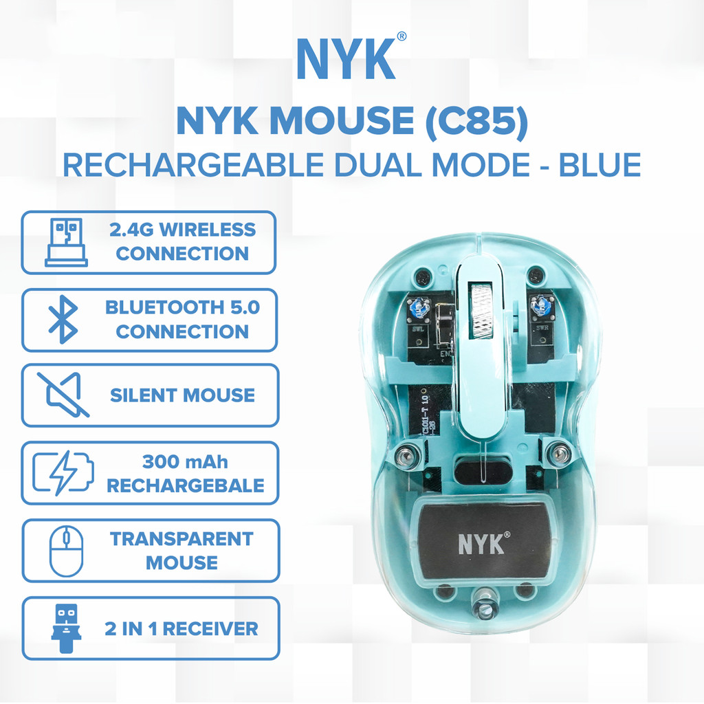 NYK Mouse C85 Dual Mode Rechargeable Wireless Silent Optical Transparan Biru COD (2)