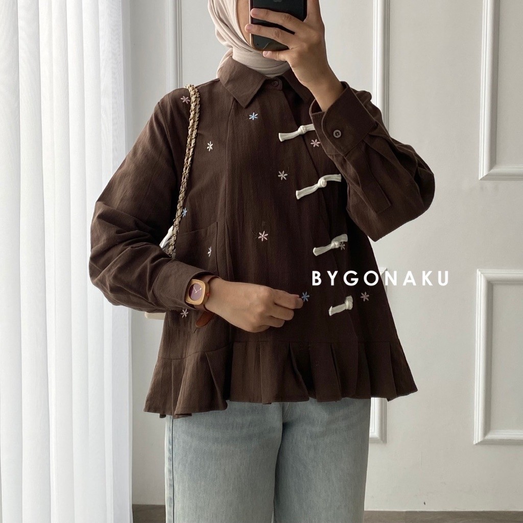 [Bygonaku] Happy Cheongsam Top Blouse Linen Bordir | Atasan Blouse Kemeja Kerja Kuliah Wanita Korean Style | Busui Friendly foto 2