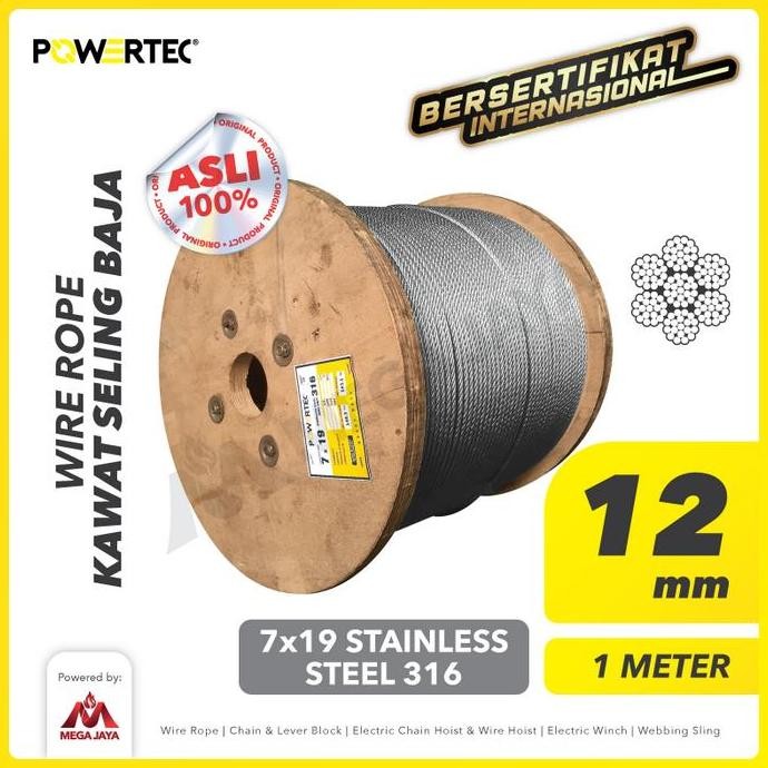 Jual POWERTEC Wire Rope / Kawat Seling Baja 7x19 SS 316 12mm - 1 Meter ...