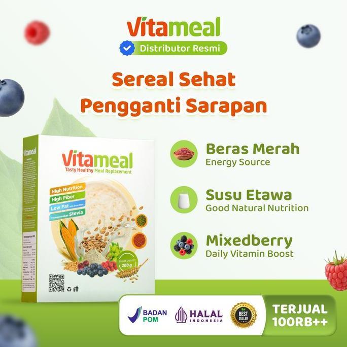 [ Sereal Sehat ] VITAMEAL, Paket 1 - 4 Box Original Resmi,  Bantu Masalah Gula Darah Diabet -  Sereal Makanan Nutrisi Sehat, Rendah Gula, Rendah Kalori, Tinggi Serat - Sumber Protein, Kalsium Vitamin- Pengganti Sarapan Oat Granola Oatmeal Susu Cereal Food