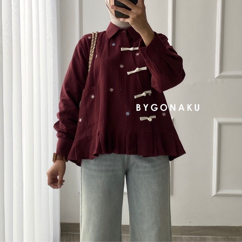 [Bygonaku] Happy Cheongsam Top Blouse Linen Bordir | Atasan Blouse Kemeja Kerja Kuliah Wanita Korean Style | Busui Friendly foto 1