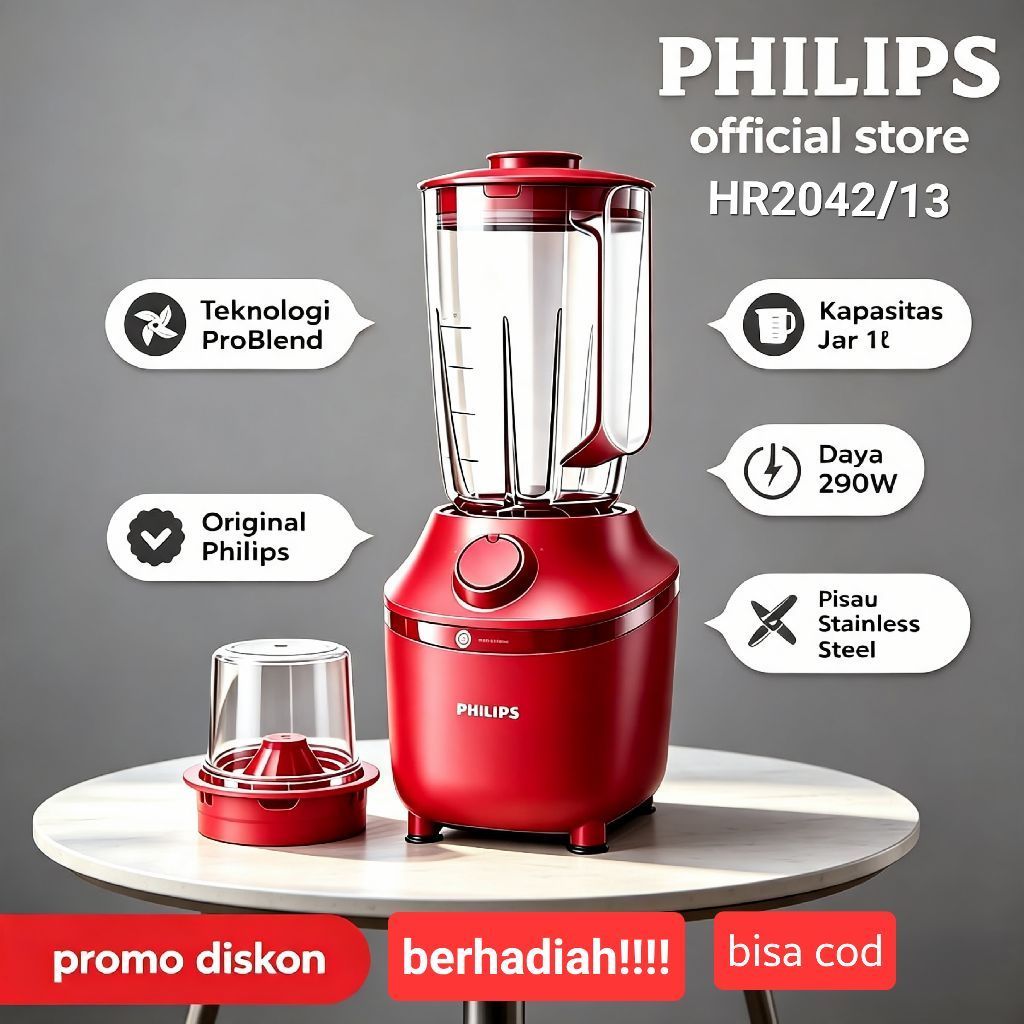 Blender Philips HR2042/13 1 Liter - Merah, Desain Elegan, Mudah Dibersihkan