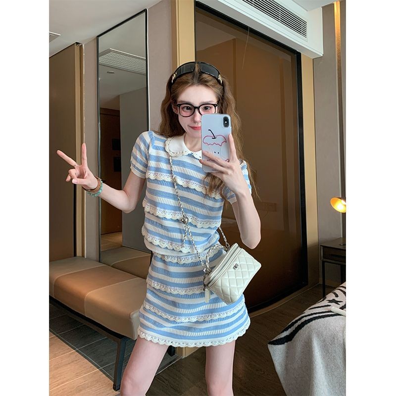 Jual [Cream Winnie] Setelan dua potong rok lengan pendek bergaris biru ...